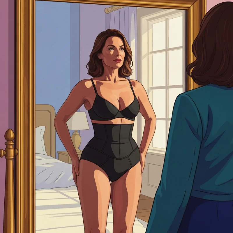 A woman experiencing the confidence of wearing shapewear control tummy gear in front of a mirror.