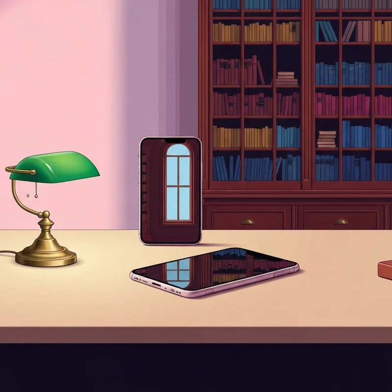A smartphone reflecting an old money wallpaper inside a luxurious vintage library.
