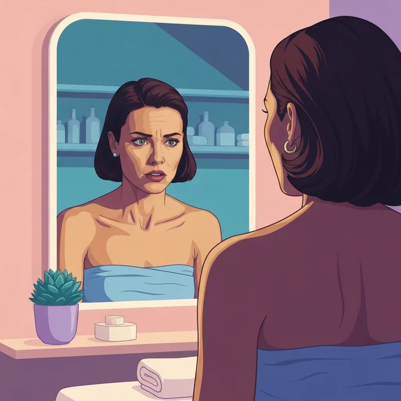 A woman examining her jawline in the mirror after masseter botox gone wrong.