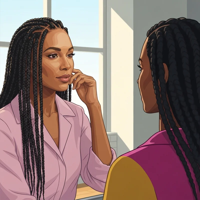 Woman with neat knotless braids using ez braid braiding hair showing a healthy scalp.