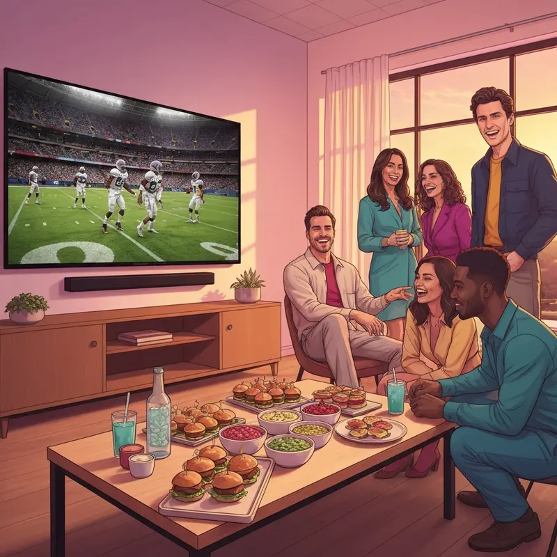 A group of friends gathering in a modern living room to find out what time does the super bowl start and enjoy the game together.