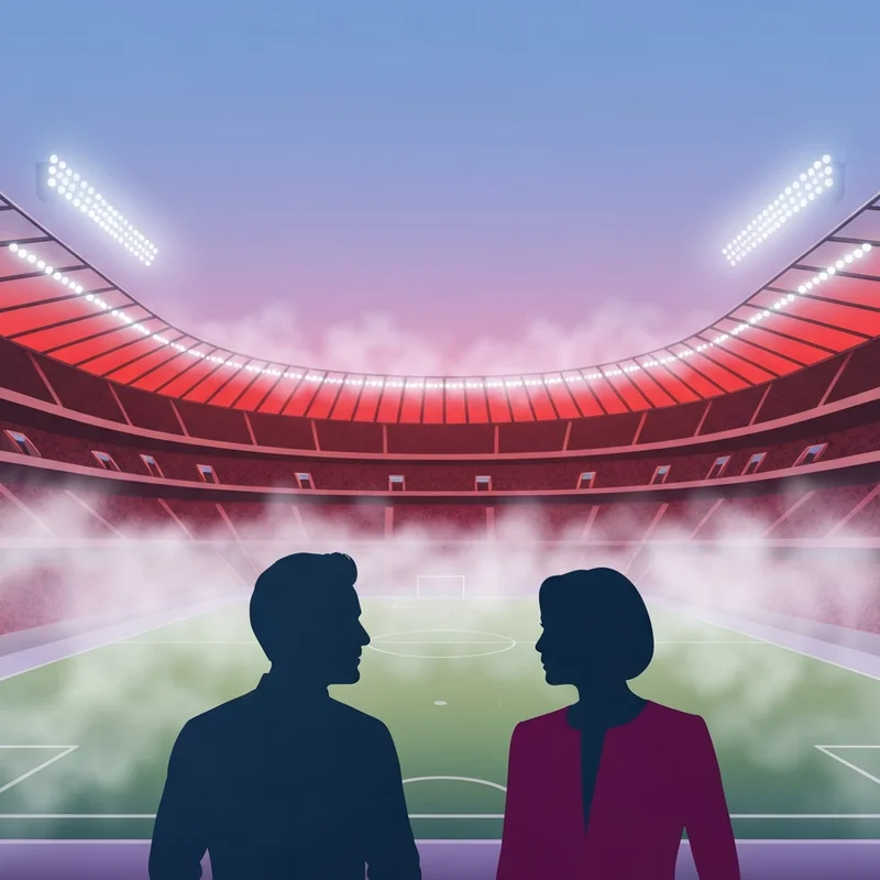 Dramatic cinematic representation of the PSV vs Feyenoord rivalry featuring a glowing stadium atmosphere.