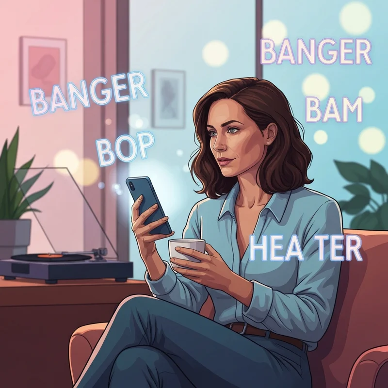 A young woman solving the banger jam bop NYT Connections puzzle on her phone in a modern living room.