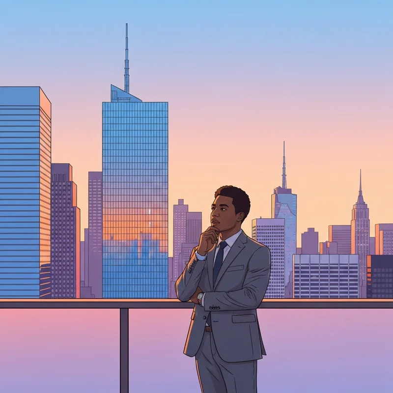 Mayor Zohran Mamdani looking out over the New York City skyline during a sunrise.