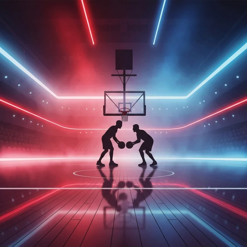 The mavericks vs rockets game depicted as an electric, high-tension face-off in a neon-lit arena.