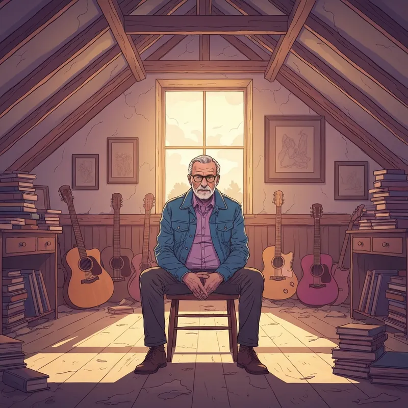 A peaceful studio scene reflecting the creative world of Jeff Tweedy and the intimacy of his solo work.