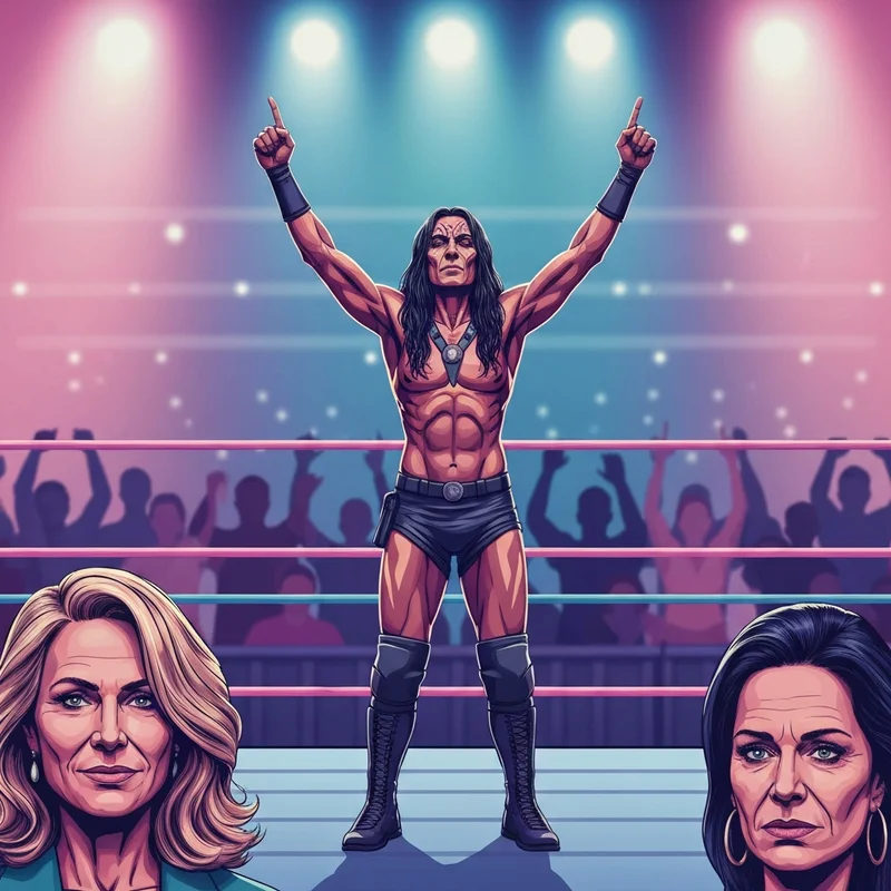 A wide shot showing who won the royal rumble 2026 celebrating in the center of the ring under bright arena lights.