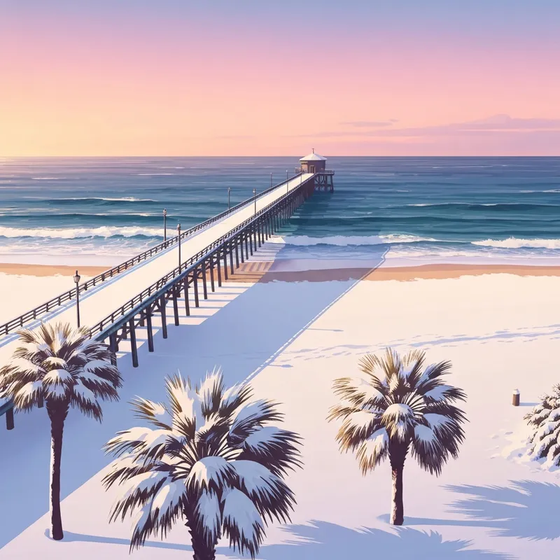 A rare view of a snow-covered beach in Wilmington NC during the 2026 bomb cyclone, showing how much snow did wilmington nc get on the sand.