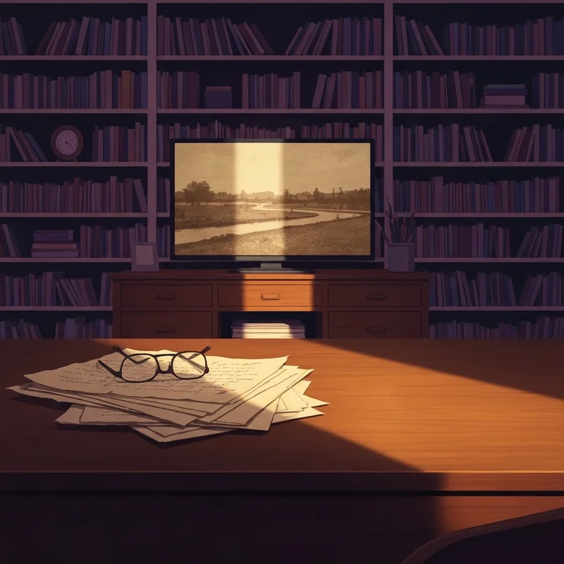 A contemplative library setting reflecting the historical storytelling style of Ken Burns.