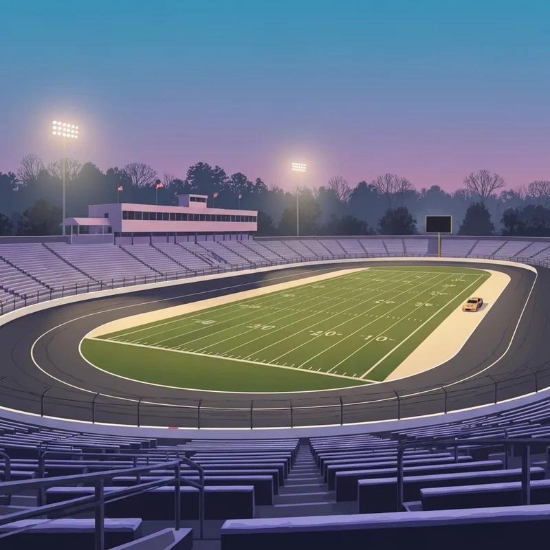 The historic track at bowman gray stadium under winter lights in Winston-Salem.