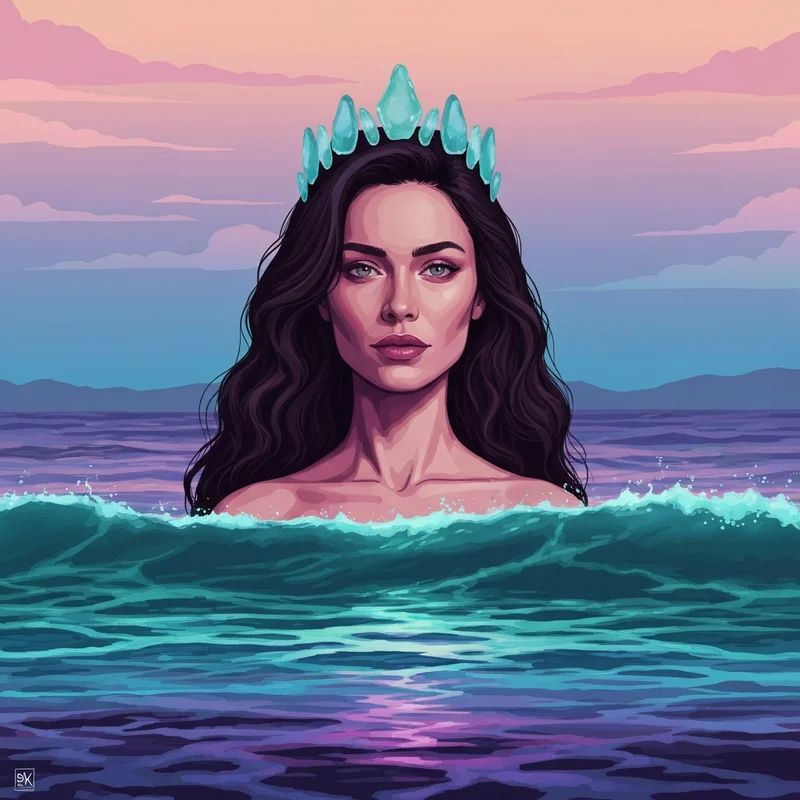 A powerful young woman standing by a bioluminescent ocean, representing the Morgan name meaning and its sea-born origins.