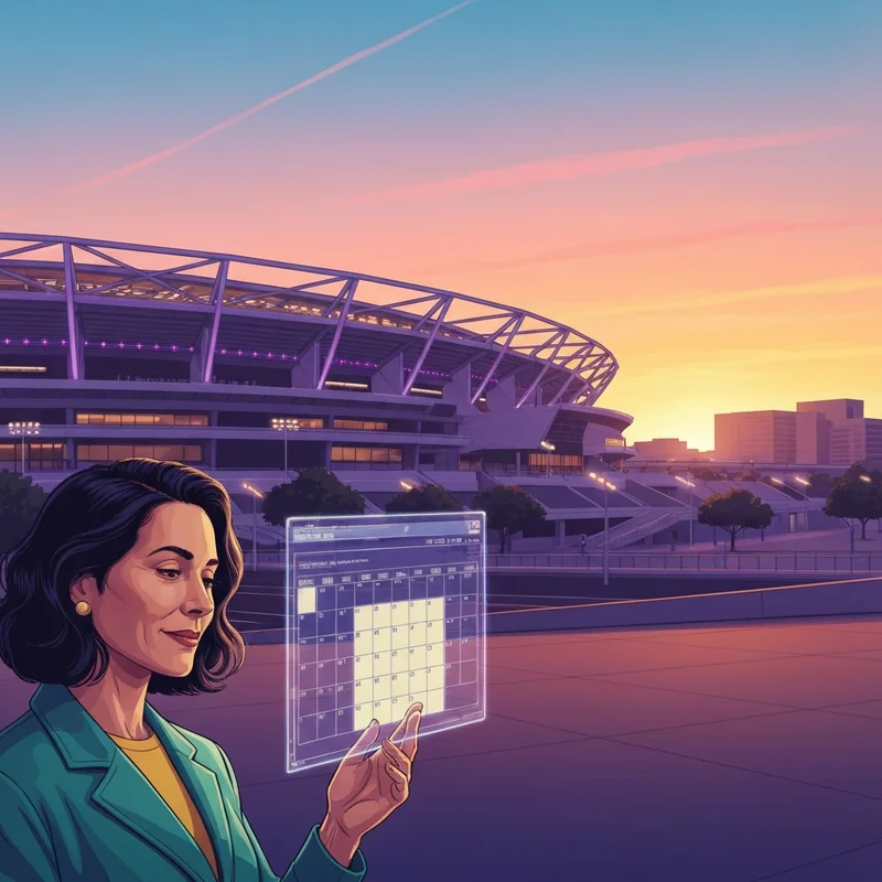 A high-tech stadium at sunset preparing for the super bowl 2026 date.