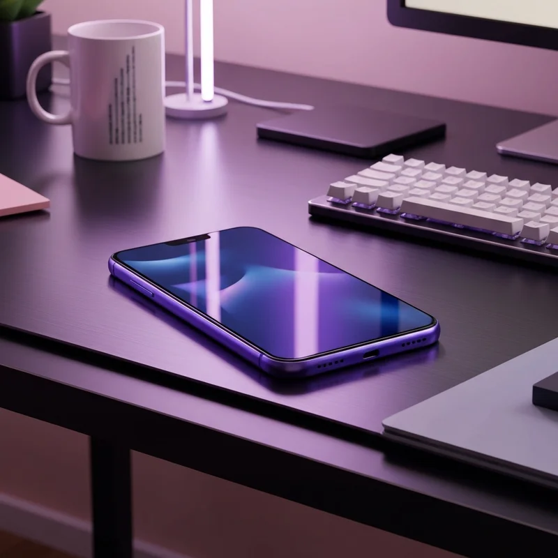 The new Samsung Galaxy S26 Ultra in Cobalt Violet resting on a luxury office desk.