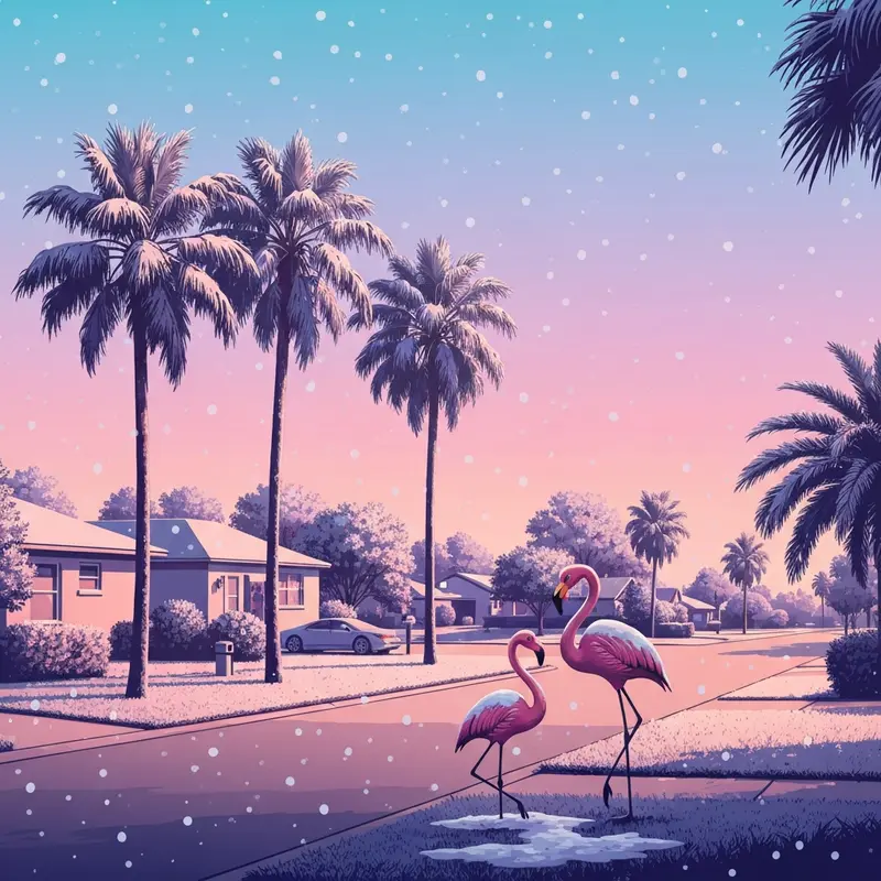 A surreal scene of snow in Florida covering palm trees during an arctic blast.