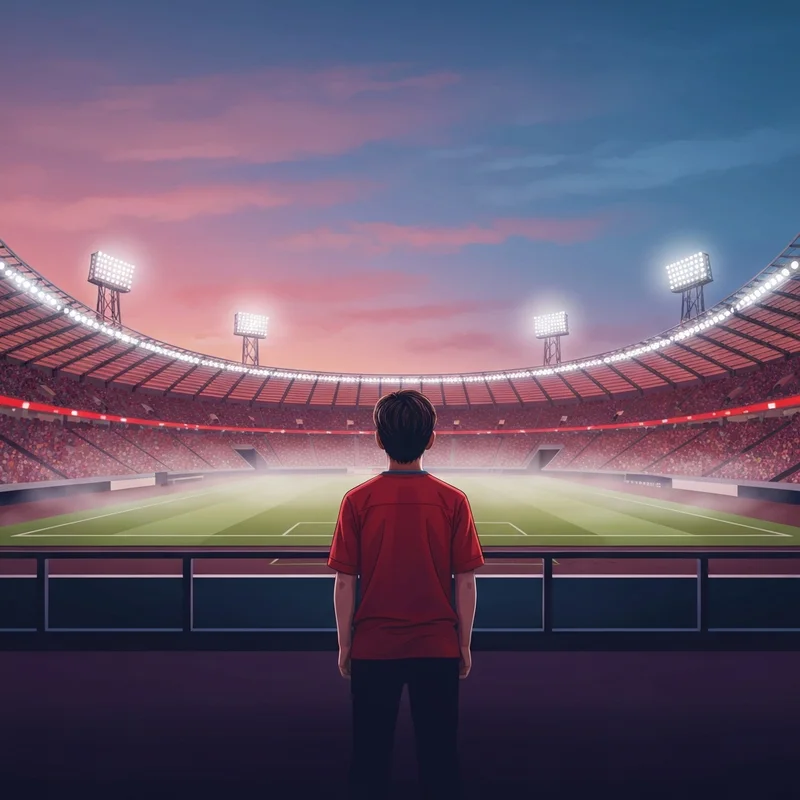 A passionate fan watching the man united vs fulham match at a glowing stadium.