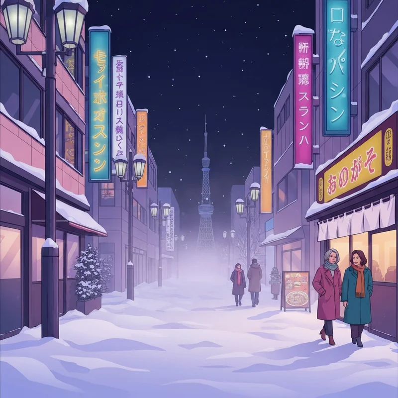 The vibrant neon lights of Susukino in Sapporo Japan reflected on a snow-covered street at night.