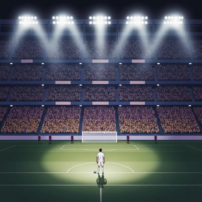 A dramatic night scene at the Santiago Bernabeu during the real madrid - rayo vallecano match featuring a penalty kick.