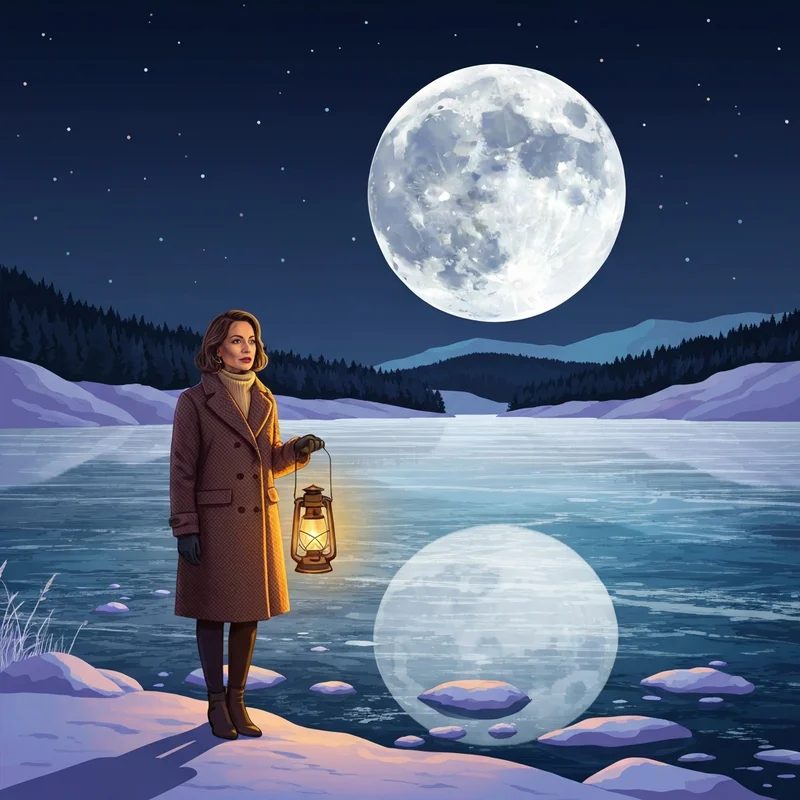 A woman reflecting on her personal growth under the bright light of the 2026 snow moon.