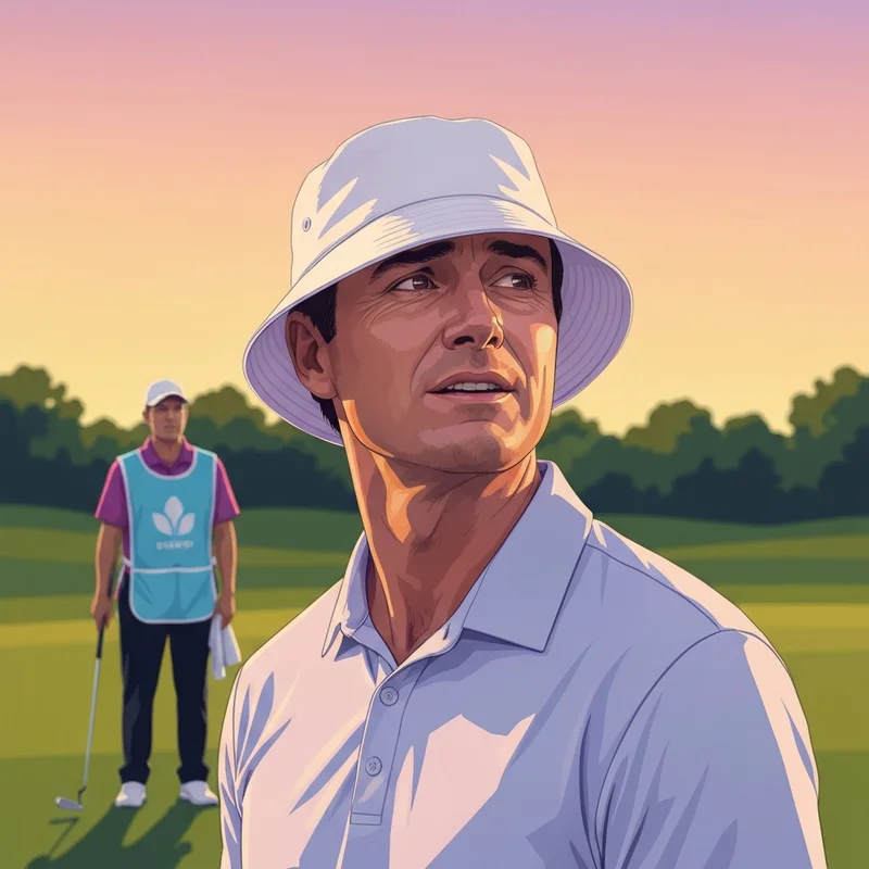 Joel Dahmen standing on a golf course wearing his signature bucket hat at sunset.