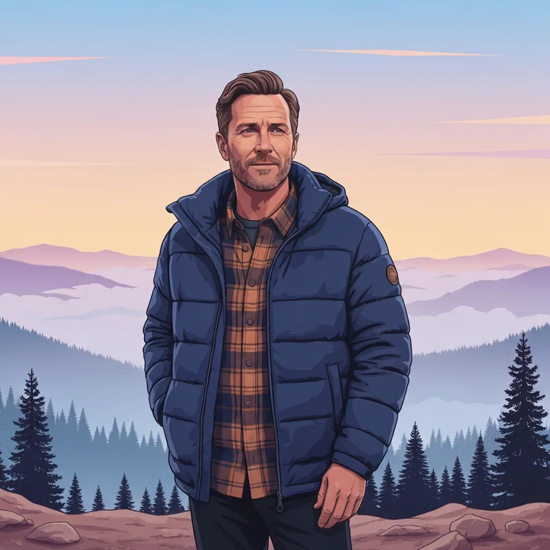 A person in a classic eddie bauer style down jacket standing in a misty forest