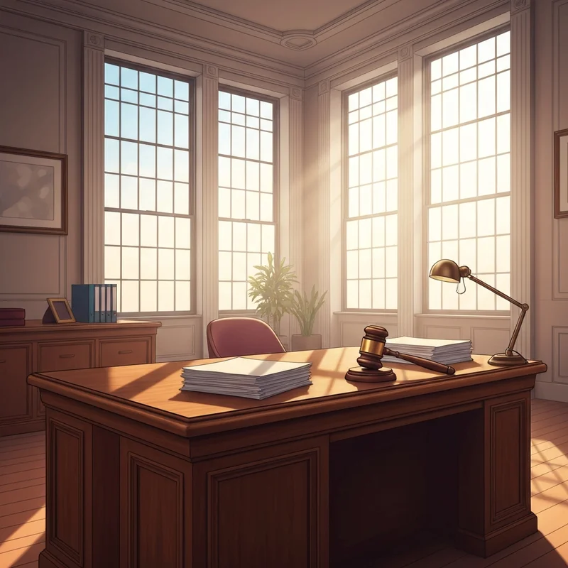 A symbolic judicial gavel resting on a weathered wooden desk with soft sunlight filtering through, representing the Fred Biery ruling.