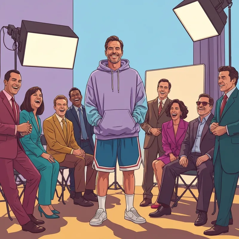 A man embodying the Adam Sandler aesthetic of comfort and authenticity on a film set.