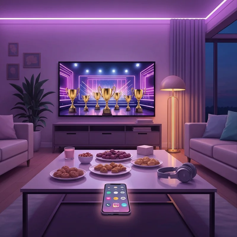 A stylish room set up for a viewing party, perfectly timed for the grammys 2026 time broadcast.