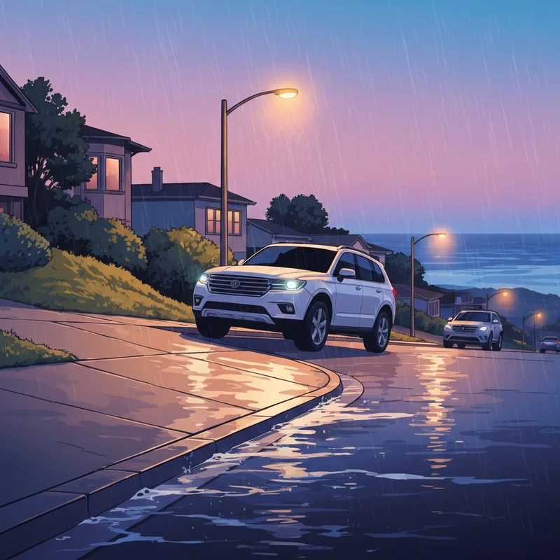 A family car parked on a hill to avoid water during a coastal flood statement event.