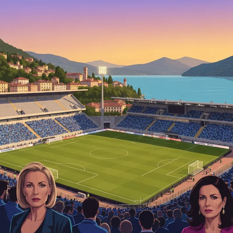 Atmospheric view of the stadium during the como vs atalanta match at sunset.