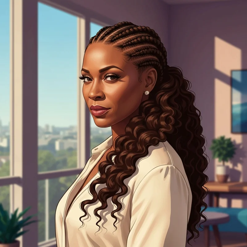 A woman showcasing a professional and stylish braid front curly back hairstyle for natural hair.