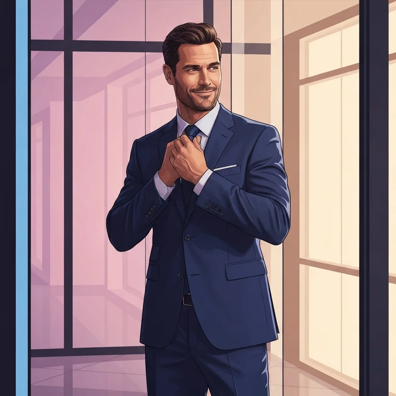 A confident professional man showing off a streamlined silhouette achieved with mens shapewear for stomach.