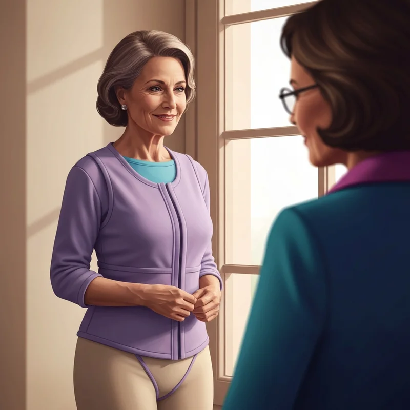 A woman wearing a comfortable front closure wireless bra in a sunlit room, emphasizing ease and dignity.