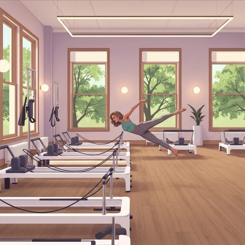A woman practicing reformer pilates louisville in a sun-drenched boutique studio.