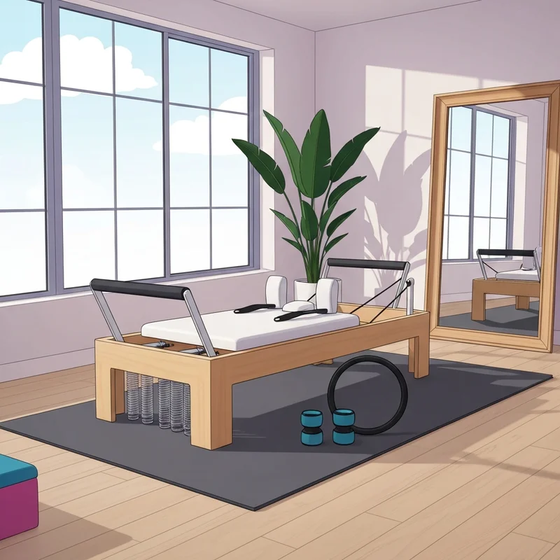 A high-end residential gym featuring the best pilates equipment for home in a sunlit modern apartment.