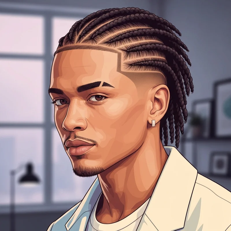 A young man showcasing modern box braid styles for men with precision parts and a fade.