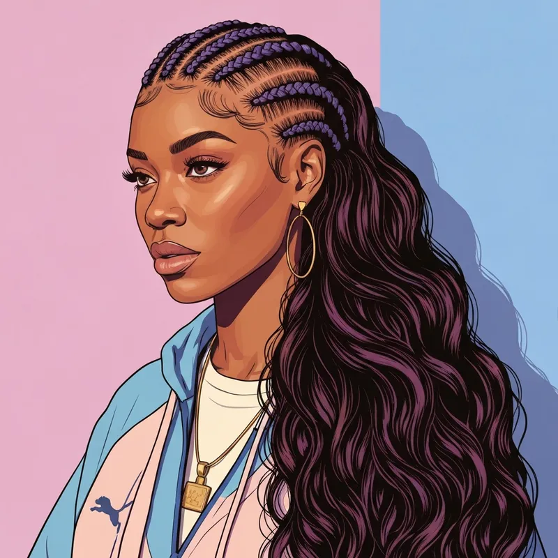 A woman showcasing a professional braid in the front weave in the back hairstyle with voluminous curls and crisp edges.