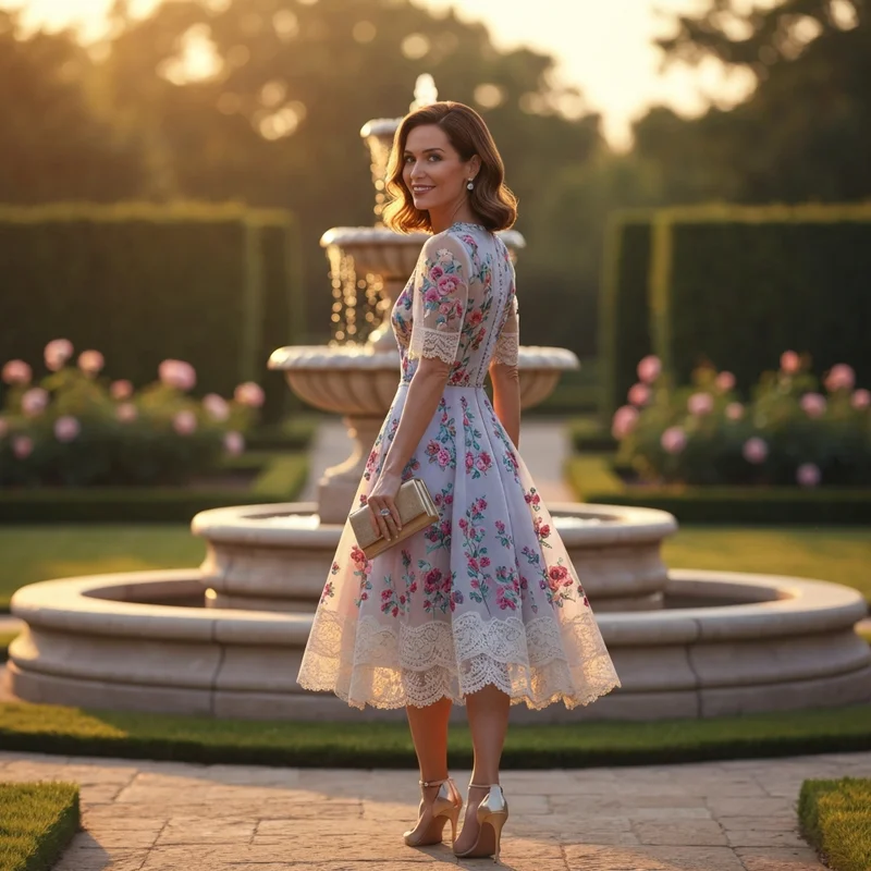 A woman wearing one of the most elegant monique lhuillier wedding guest dresses at a garden event.