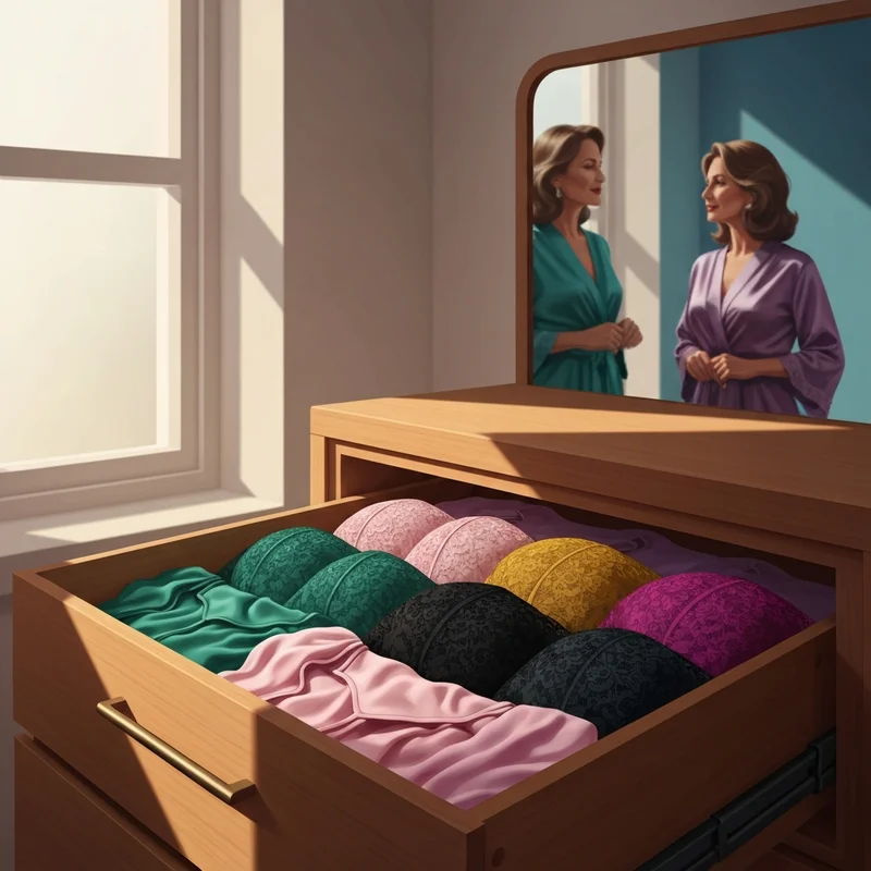 A collection of luxury bra sets organized in a wooden drawer, representing self-care and confidence.