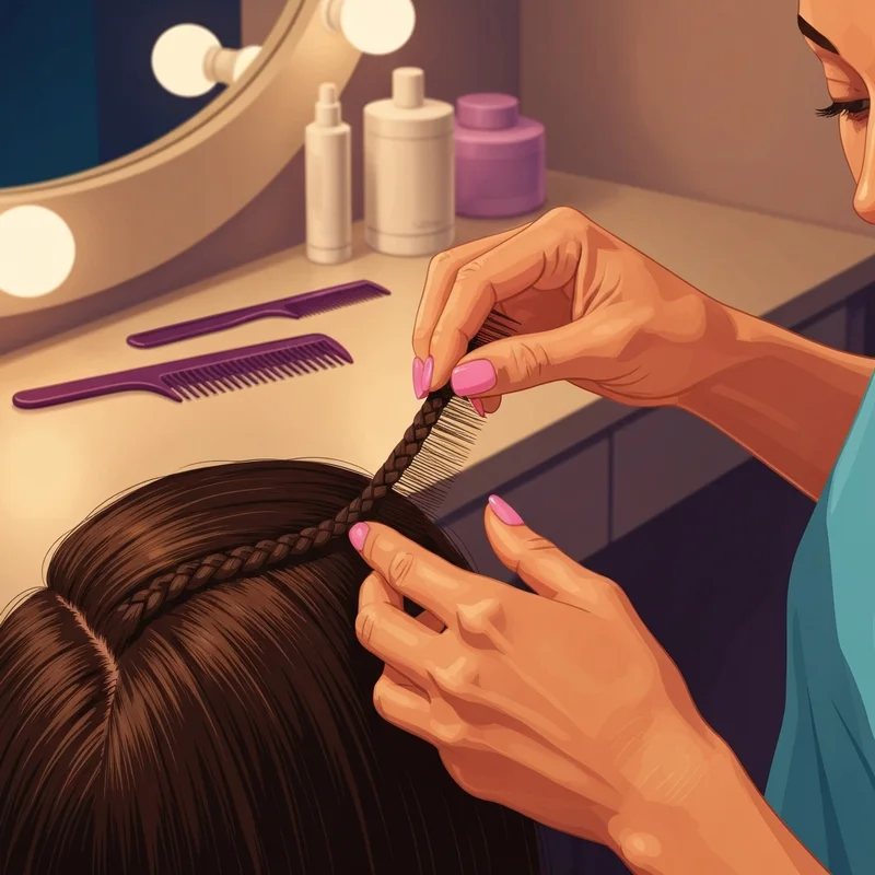 A detailed close-up of the process of how to braid box braids on natural hair with professional tools.