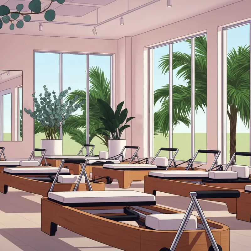 A luxury studio interior featuring reformer machines for pilates tallahassee.