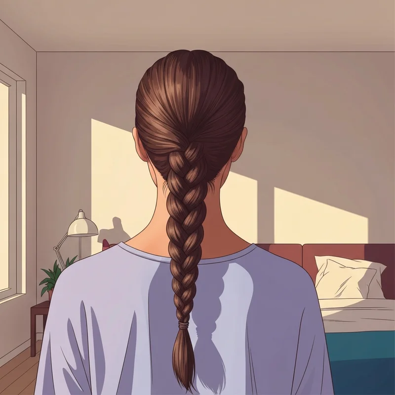 Back view of a woman with a perfectly styled single french braid in a modern sunlit room.