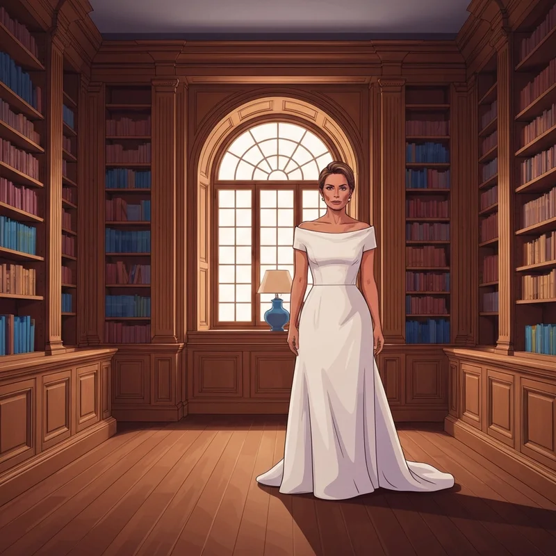 A bride wearing a minimalist old money wedding dress in a classic library setting.