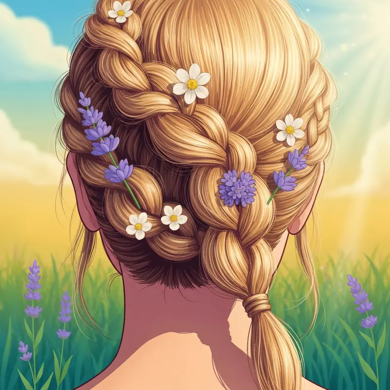 A detailed view of a tangled rapunzel hair braid with wildflowers.