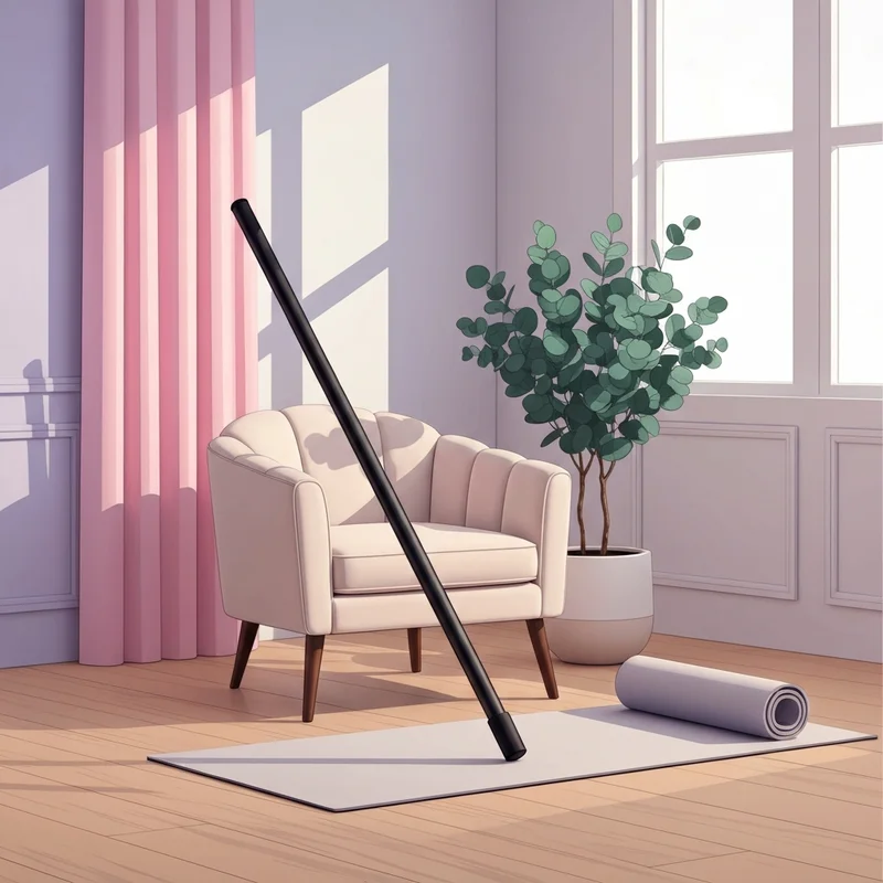 A sleek pilates bar leaning against furniture in a modern home, perfect for pilates bar workouts.