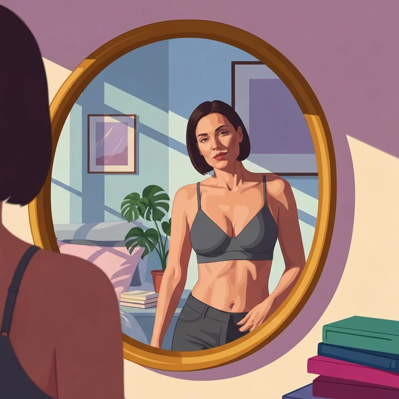 A woman capturing a confident bra selfie in a sunlit bedroom mirror for body positivity.