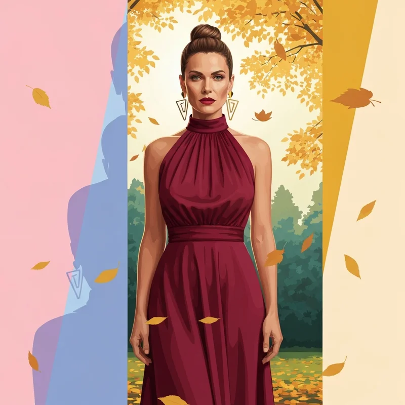 A woman wearing a high neck fall wedding guest dress in burgundy silk, styled with a sleek up-do and gold earrings for a sophisticated autumn wedding.