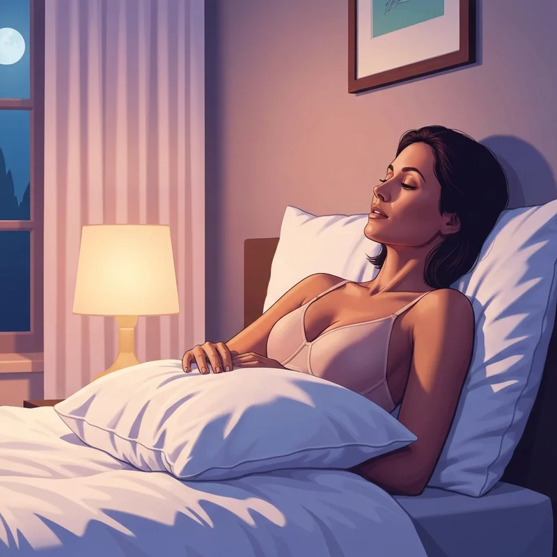 A young woman resting comfortably in bed wearing a soft sleep bra, illustrating the discussion around is it bad to sleep with a bra on.