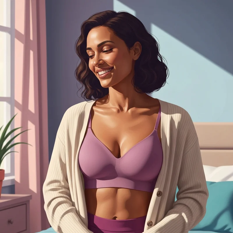 A woman wearing a comfortable aerie wireless bra in a sunlit room, showcasing the smooth fit and support.