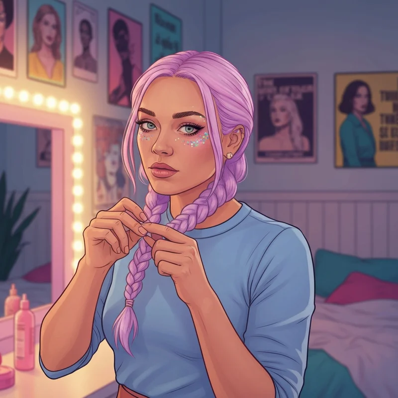 A close-up of a stylish woman demonstrating how to braid using 4 strands for a festival look.