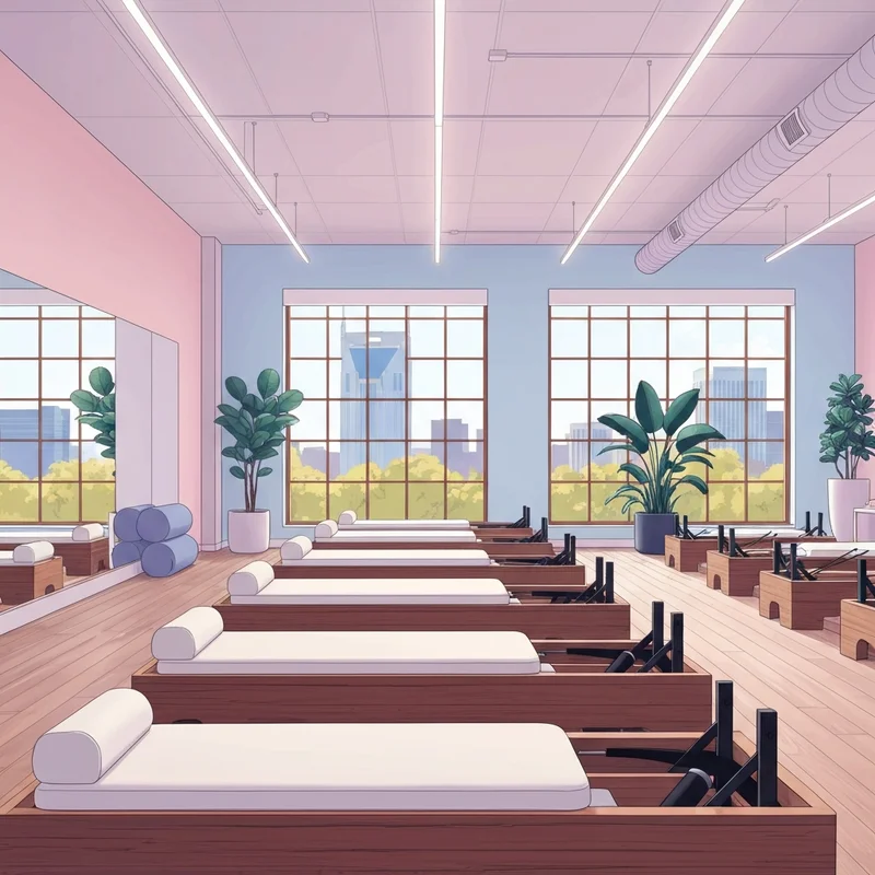 A sun-drenched luxury interior of a boutique studio pilates nashville featuring high-end reformer machines.